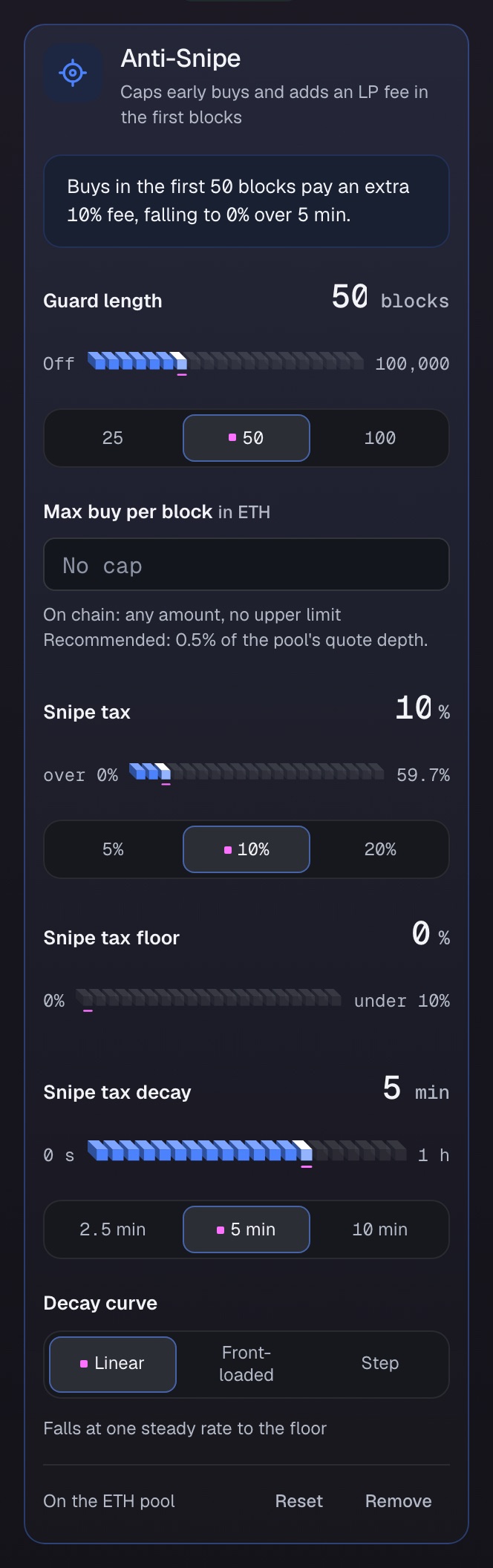 Anti-Snipe's guard length, buy cap and falling launch tax.