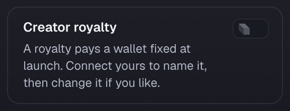 The creator royalty is a switch inside LP Rewards, paid to a wallet fixed at launch.