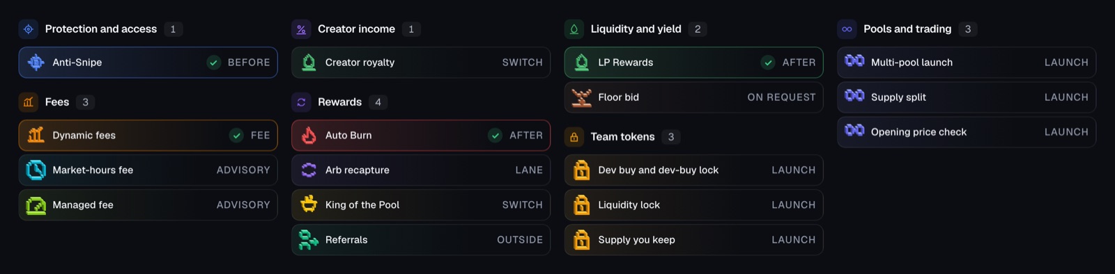 The builder's block catalog, with creator income beside fees, rewards and liquidity.