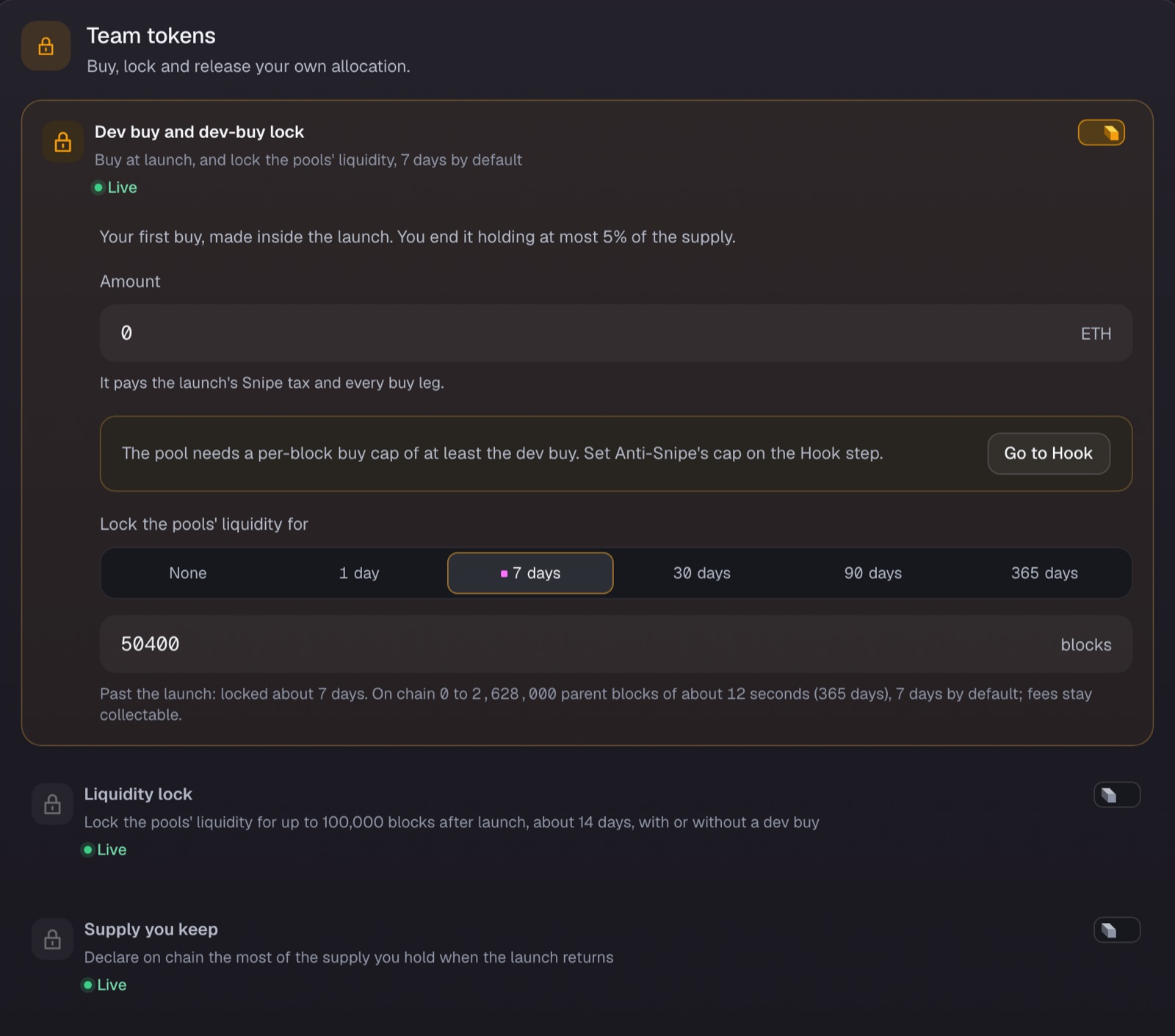 The dev buy and its lock are set with the team's tokens on the Details step.