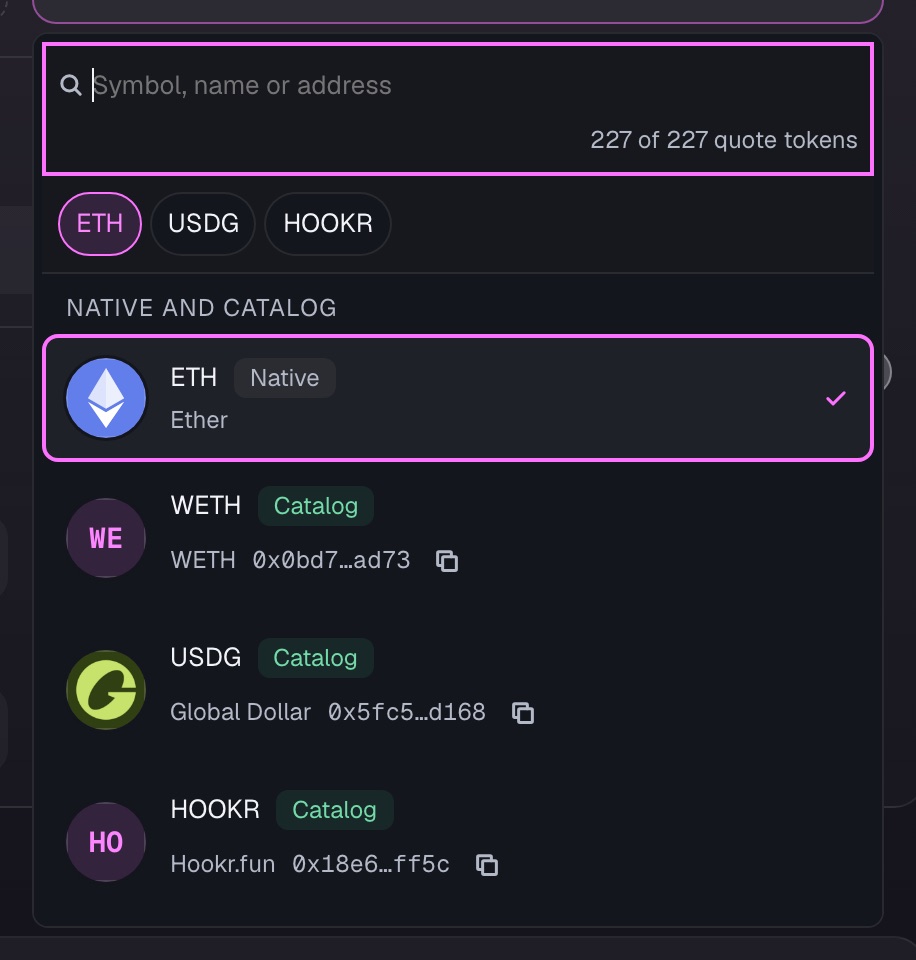 Each pool picks its quote: ETH or a token from the quote catalog.