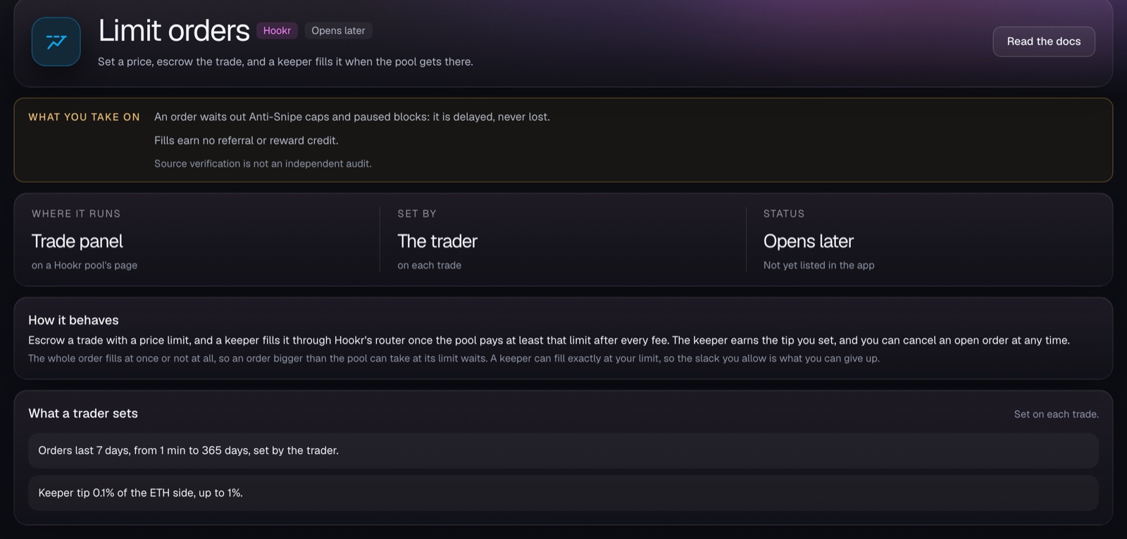 Limit orders escrow the amount and a bounty until the price is met.