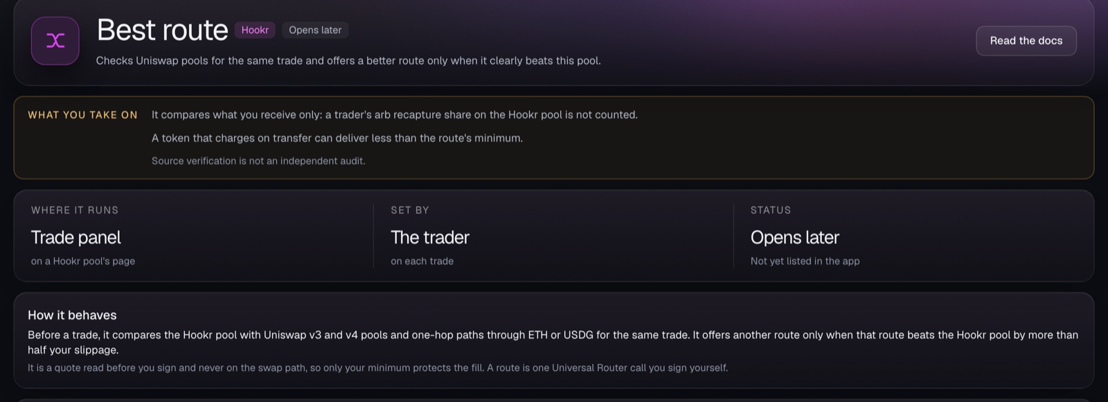 Best route checks the same trade on Uniswap v3 and plain v4 pools.