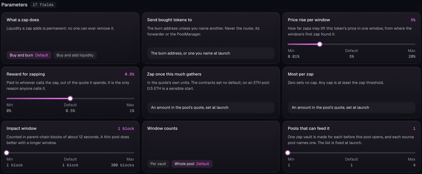 Burn relay: zap vaults buy the token and burn it, inside limits fixed at launch.
