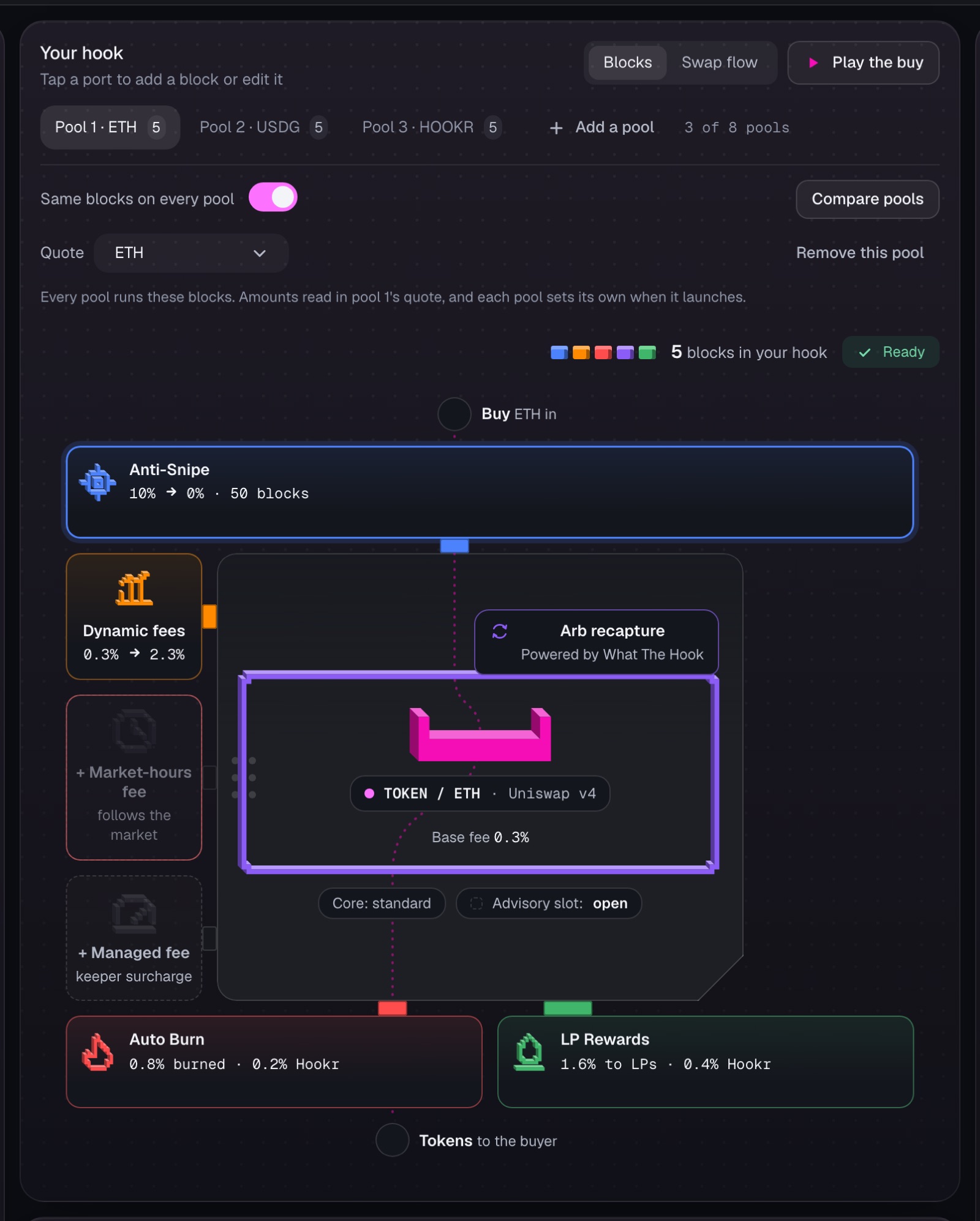 One launch, up to 8 pools, one per quote asset.