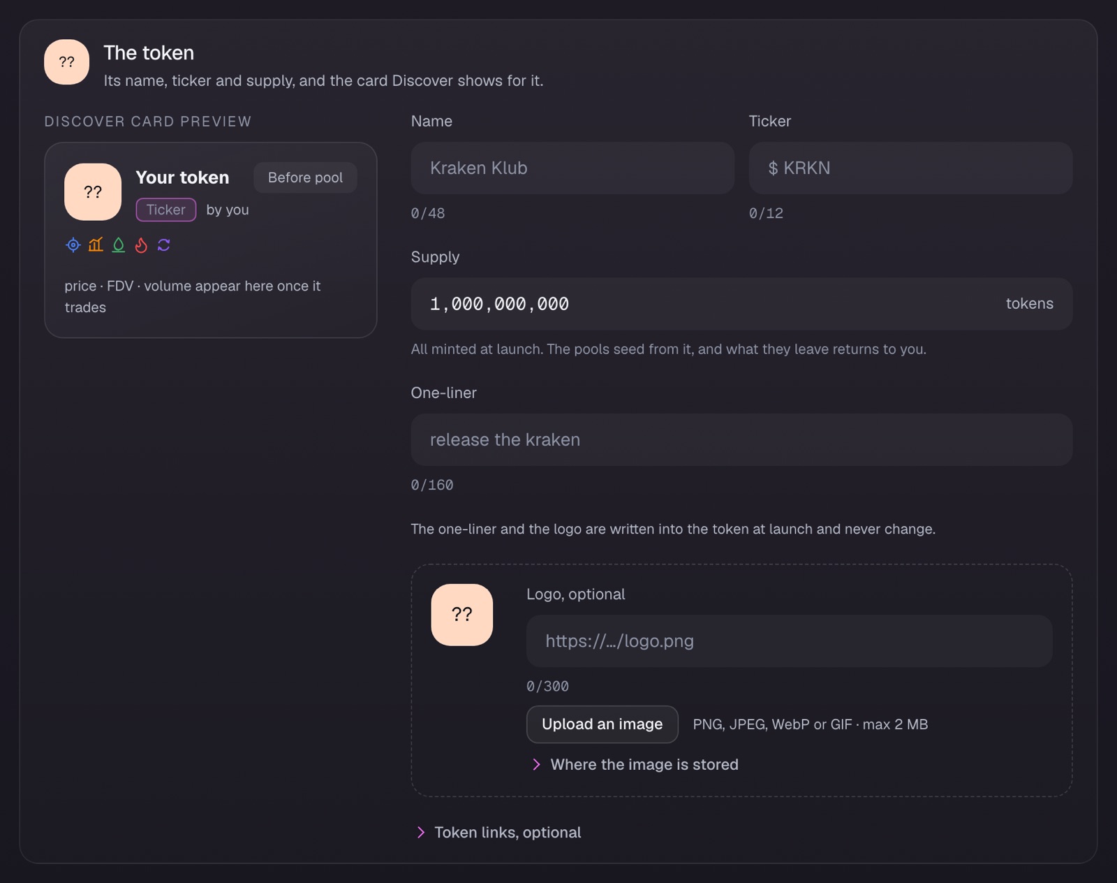 A new token's name, ticker and fixed supply, set on the Details step.