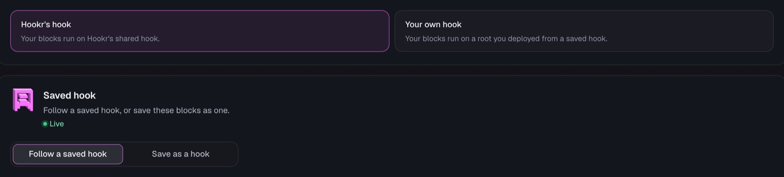 On the Hook step a creator picks Hookr's shared hook or a hook of their own.