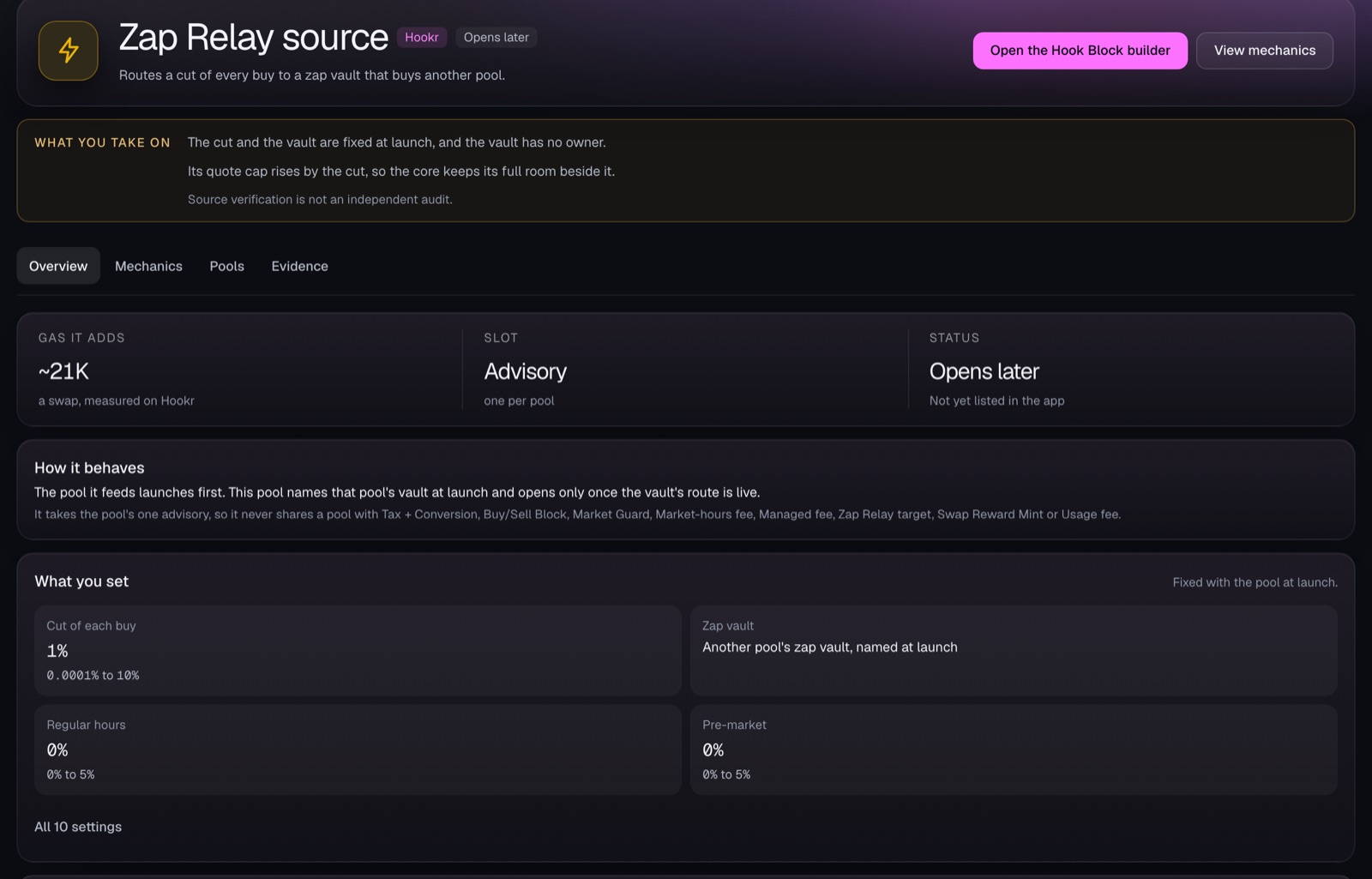 A source pool's buys fill a zap vault that buys on the target pool.
