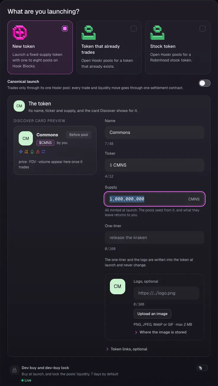 Open the launch page and name the token