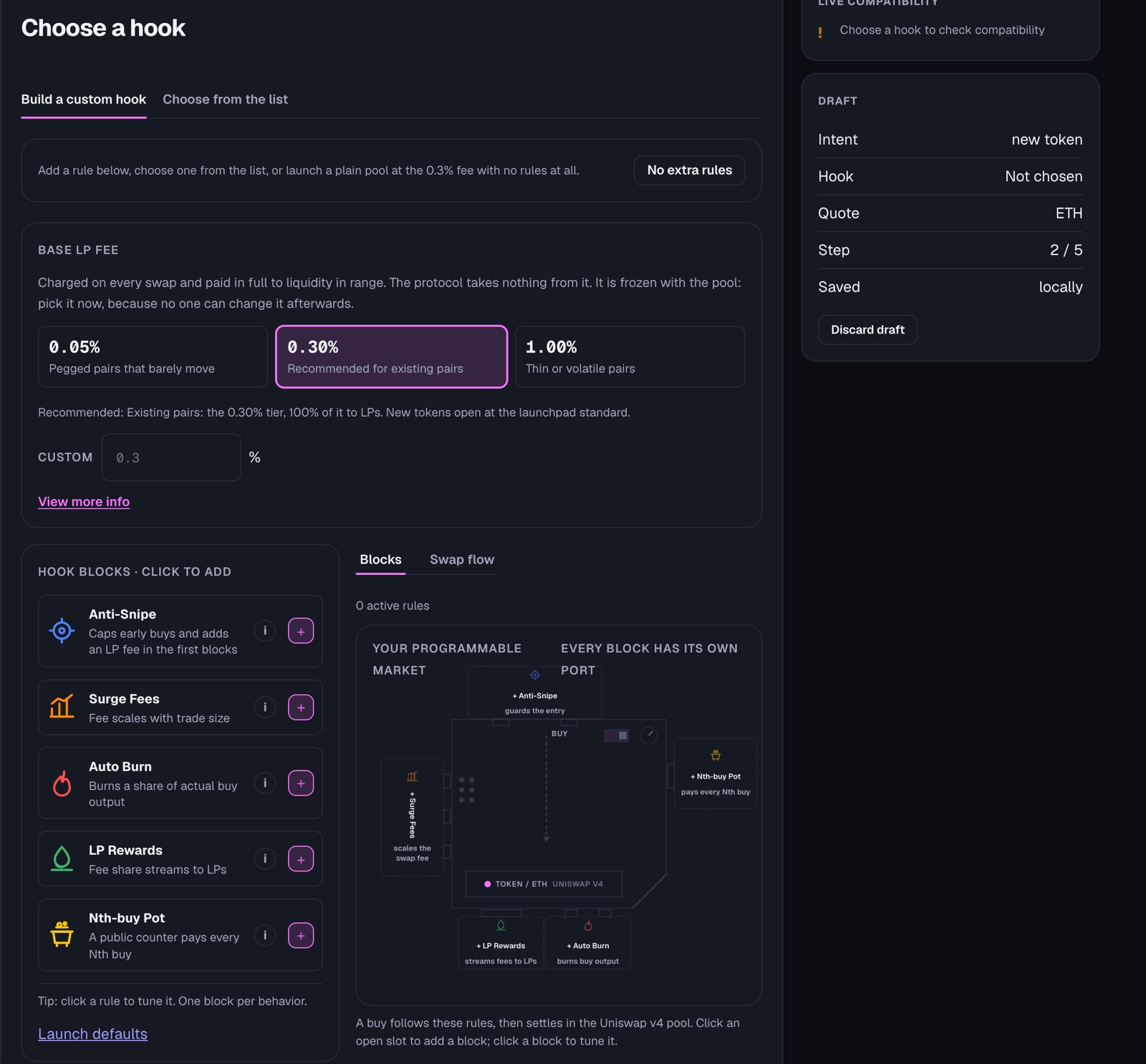 Hook step, fee tier and rules