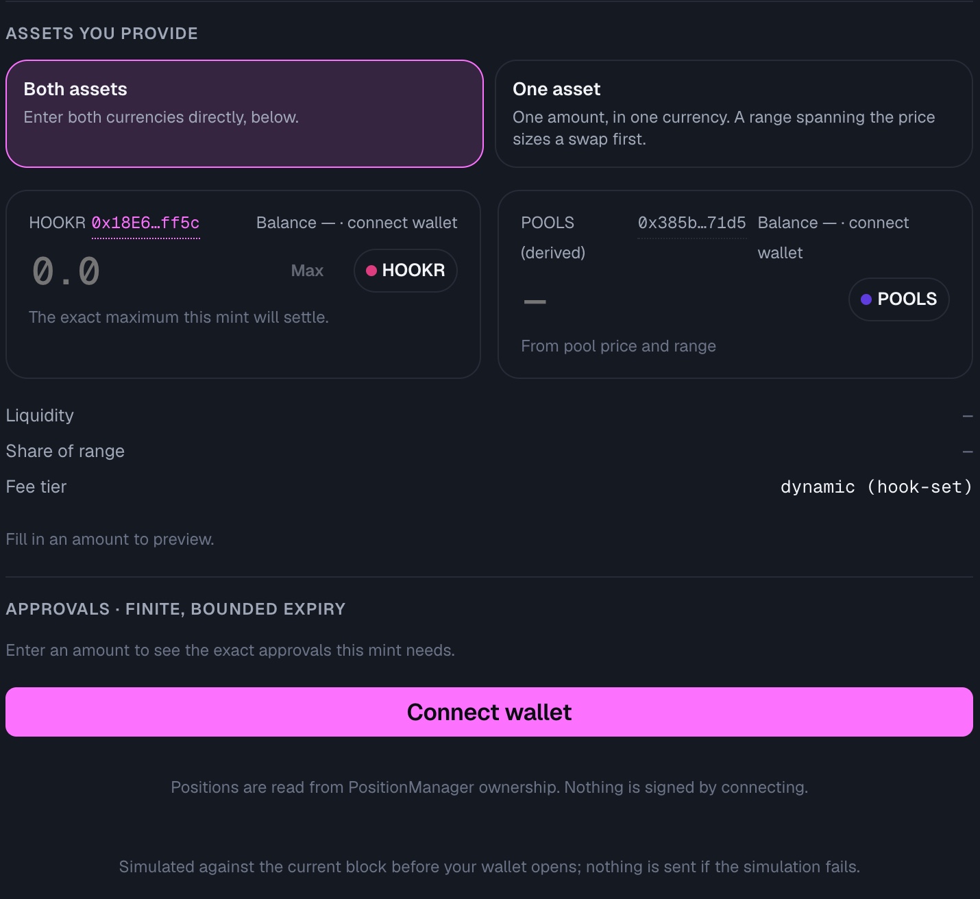 Assets you provide and Connect wallet