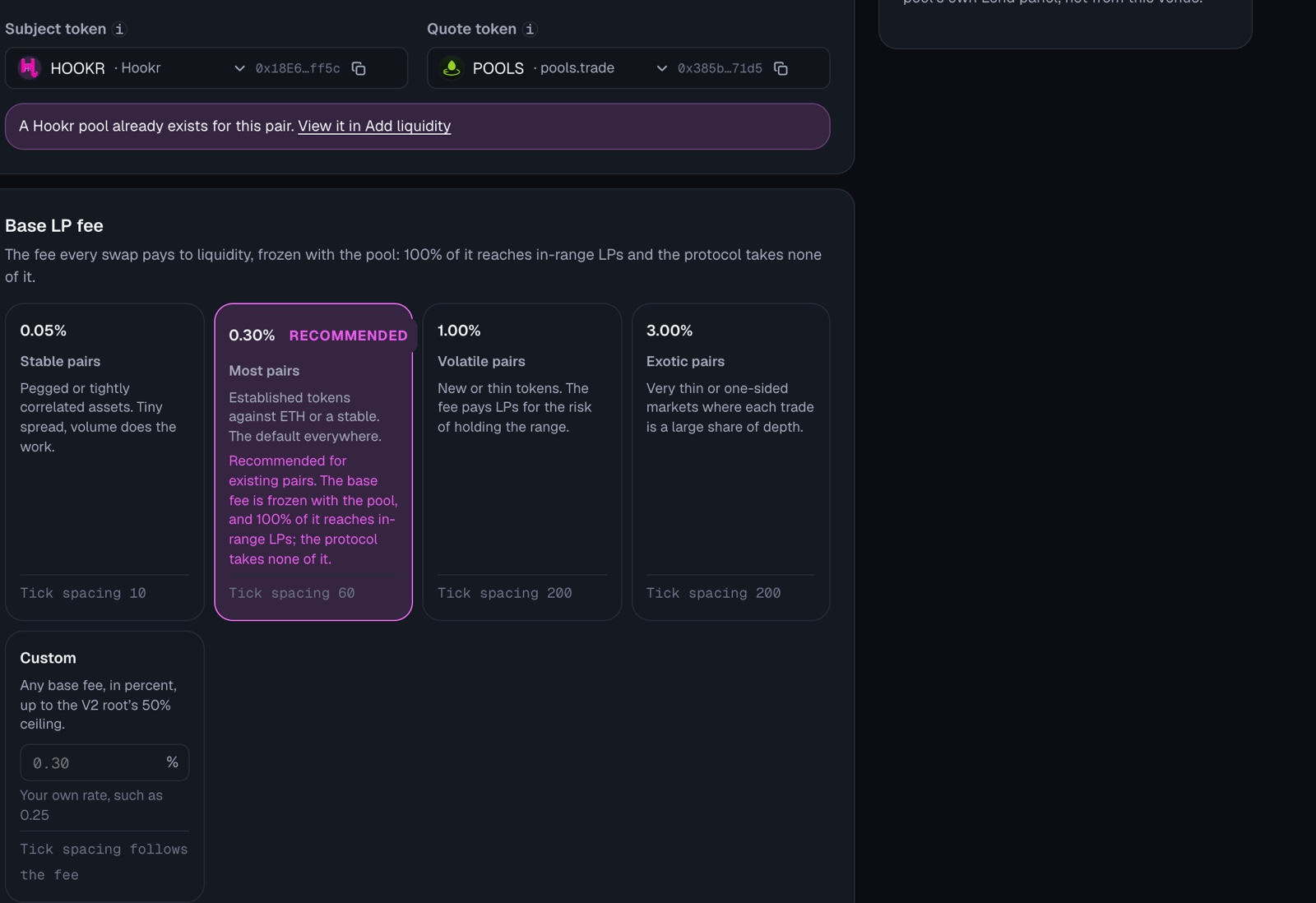 Create pool, HOOKR / POOLS picked, and the fee tiles